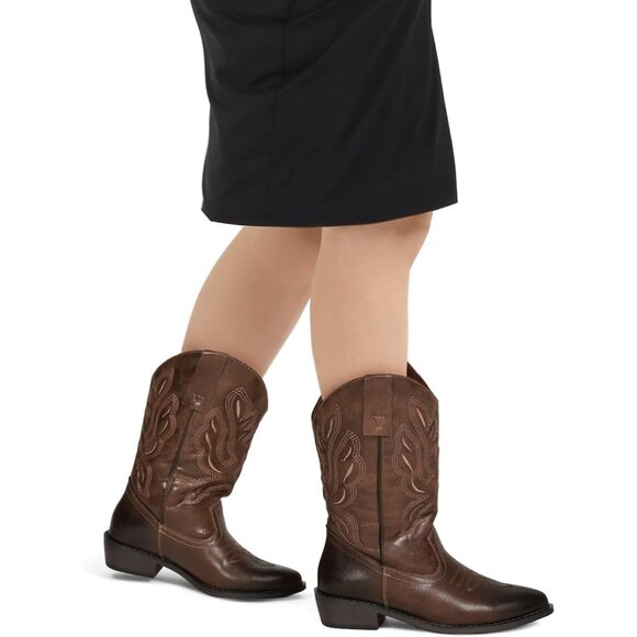 mysoft Women's Brown Western Cowboy Boots Mid Calf Pointed Toe Cowgirl - Picture 3 of 6